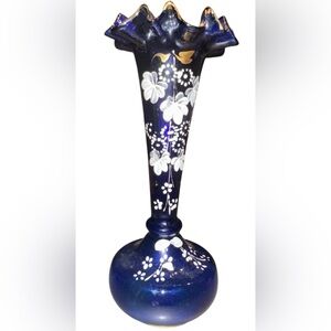 Bristol Hand Blown Handpainted Cobalt Blue Floral Vase Ruffled‎ Pinch Top Vtg